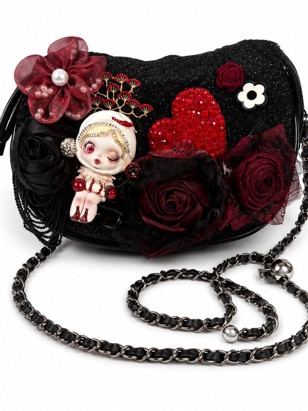 Pop mart skullpanda figuire black Shoulder Bag with Red Floral